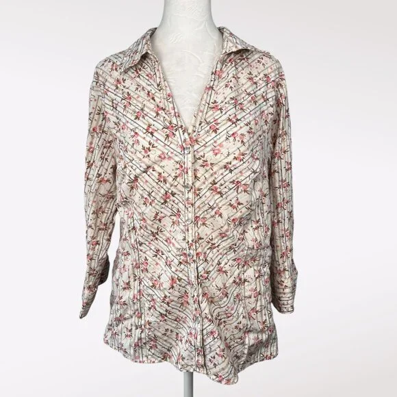 Faded Glory Floral Button Up Shirt Stretch Cotton Blend 3/4 Sleeve Size 16W - Picture 1 of 10